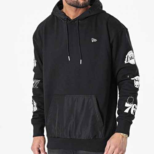 NEW ERA NBA MULTI LOGO DISTRESSED SLEEVE PRINT HOODIE BLACK