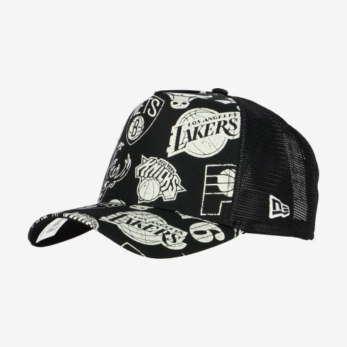 NEW ERA NBA ALL OVER PRINT A-FRAME TRUCKER CAP BLACK