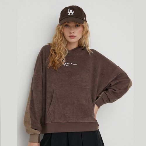 KARL KANI SWEATSHIRT SMALL SIGNATURE BLOCK OS TOWELING HOODIE BROWN/TAUPE M